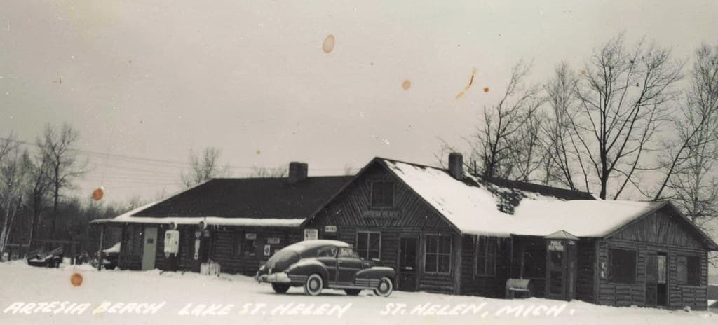 NE St. Helen Roscommon MI RPPC c.1940 ARTESIA BEACH Carter’s Camp Store Gas Station & REC HALL on Lake St. Helen Carters rented a few cabins and was a popular Tent Camping and Caming Trailer destination-