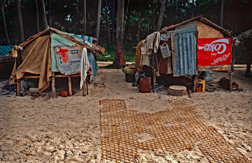 Sea Gypsies huts on a beach in Ko Phi Phi in 1988