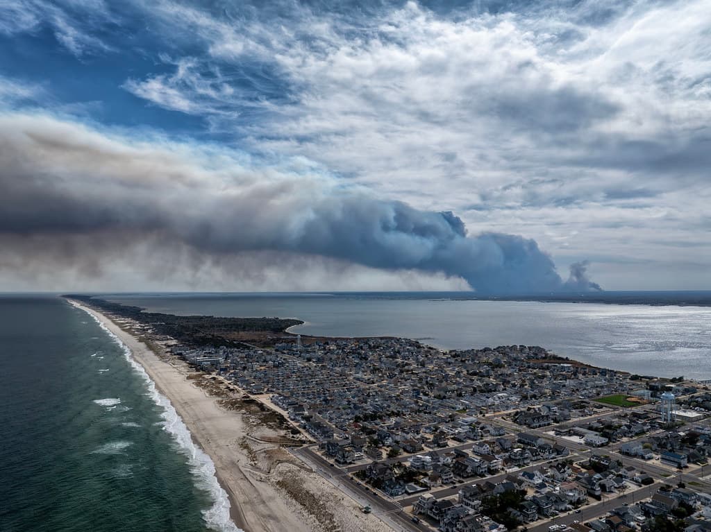 Yesterday's Mavic Pro 3 drone view of the Jones Road Fire, in the New Jersey Pinelands about 15 miles SW, from above 8th Ave beach in Seaside Park.