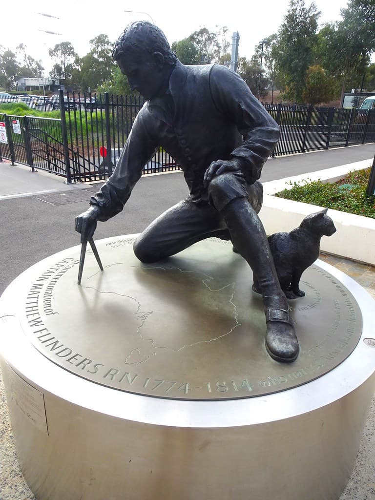 Adelaide. bedford Park. Replica statue of Captain Matthew Flinders the first to circumnavigate and name Australia . At Flinders Railway Station.