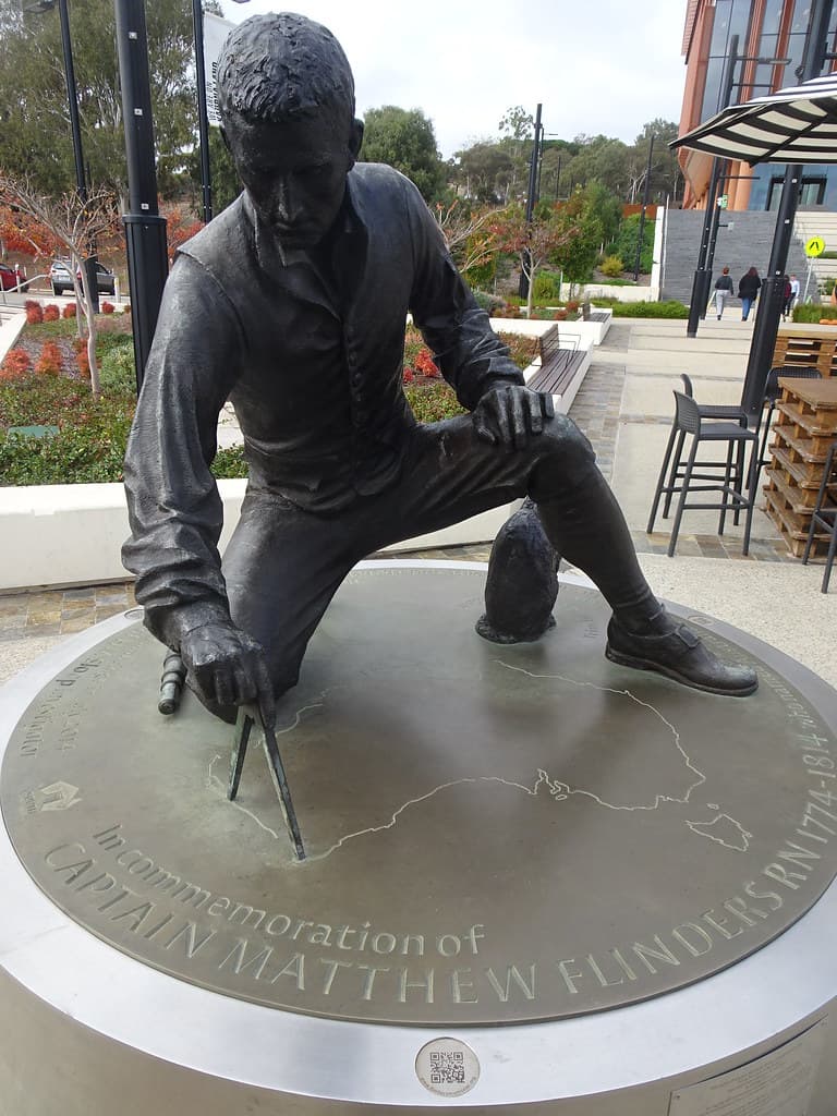 Adelaide. bedford Park. Replica statue of Captain Matthew Flinders the first to circumnavigate and name Australia . At Flinders Railway Station.