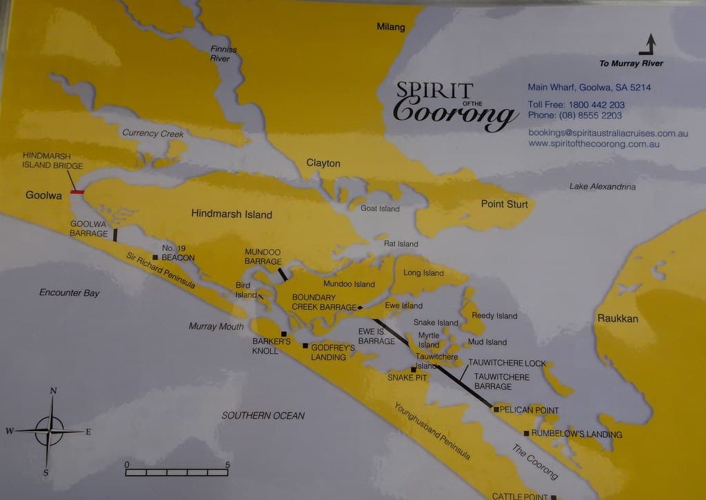 The Coorong.  Map of the top of the Coorong, the Murray River mouth, the barrages to separated fresh and salt water.  On the Spirit of the Coorong cruise Goolwa..