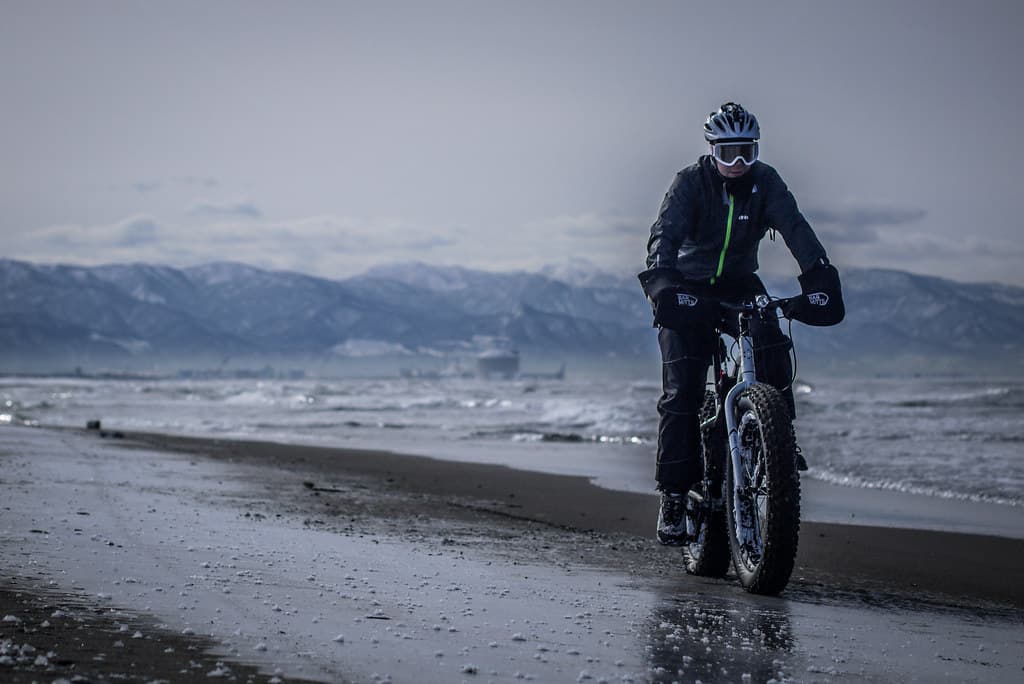 Winter cycling along Ishikari Beach, near Sapporo, Japan