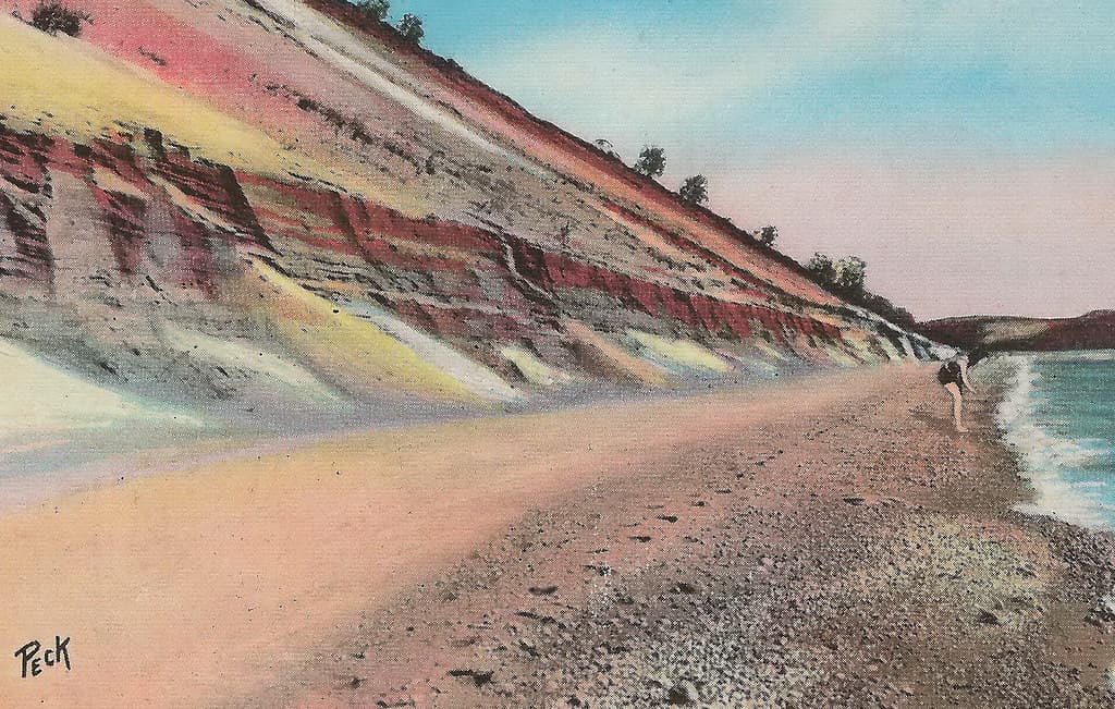 NW Leelanau Glen Haven Empire MI Circa 1920s Young Girl on Beach at Sleeping Bear Dunes Empire Sailors Landmark Empire Bluffs in distance Photographer PECK2