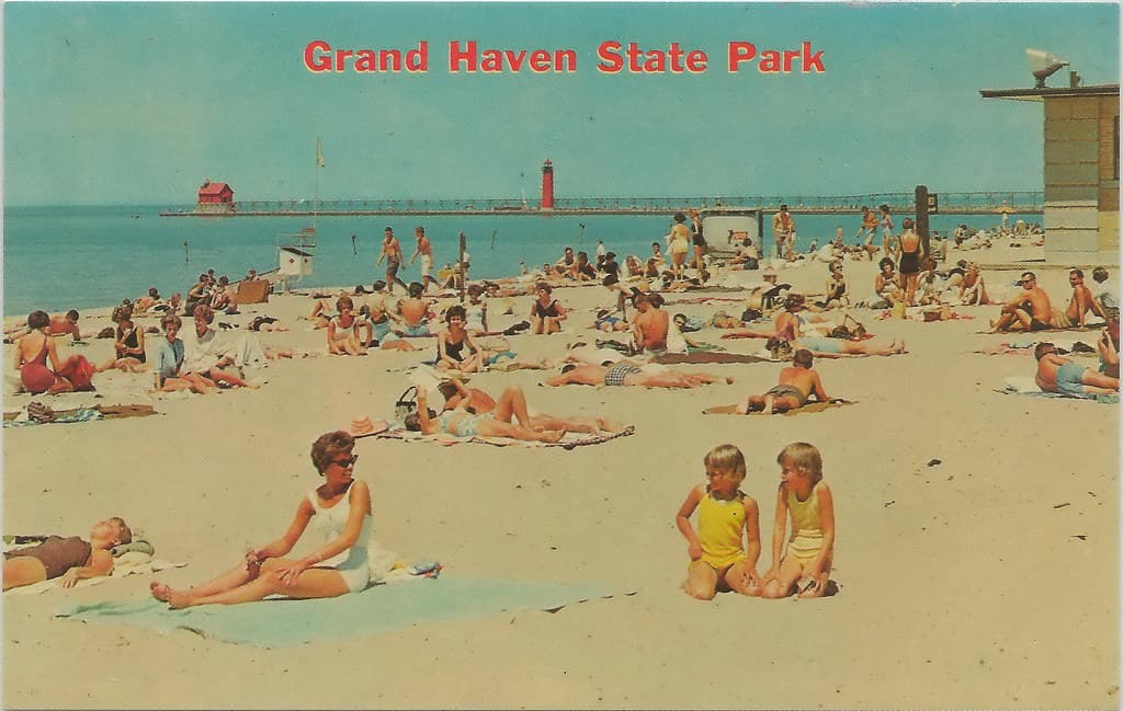 SW Grand Haven MI 1960s SUMMER BEACH BABES and Family FUN State Park Beach just South of the Grand Haven USCG Lighthouse and Lake Michigan Pier