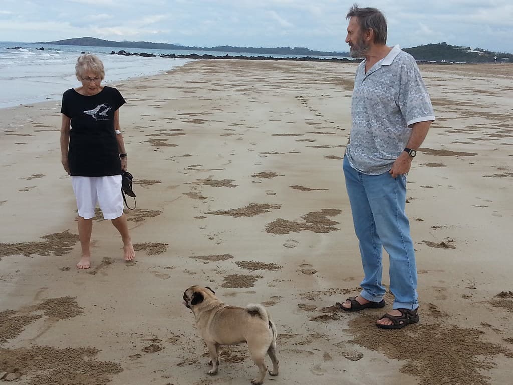 ann dad and pug on sarina beach