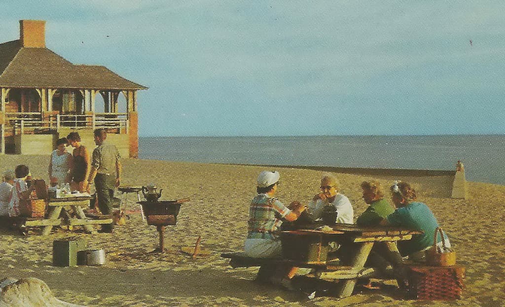 CEN Ludington Epworth MI 1950s BEACH BABES and Family FUN at the Pavilion at the Beautiful Ludington State Park North of Town on Lake Michigan & on Hamlin Lake & Lincoln River2