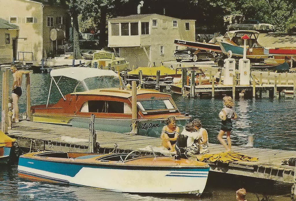 SW Gull Lake Kalamazoo MI 1950s Beach and Wood Boating Era BABES on the Docks at The Bayview Resort Area on the South end of beautiful Gull Lake-