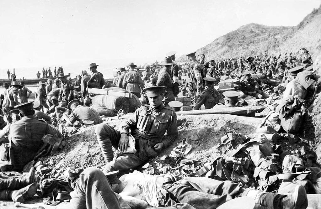 April 25, 1915: on the beach at Anzac Cove, at Gallipoli, a photed post 100 years after this iconic event in Australian military history  - AWM.