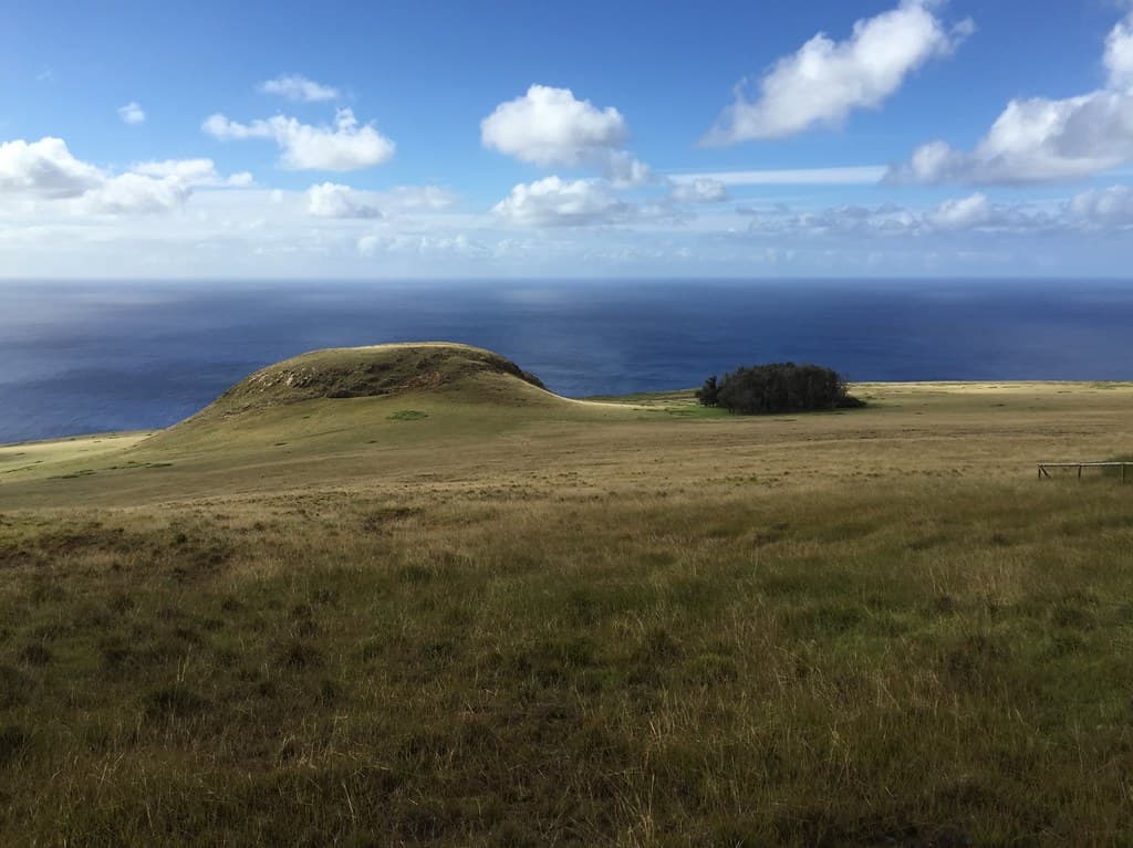The Three Ma'ungas, the Poike Volcano at 460 meters (1,509 ft.) above sea level, Rapa Nui (Easter Island), Chile, Polynesia, Oceania.