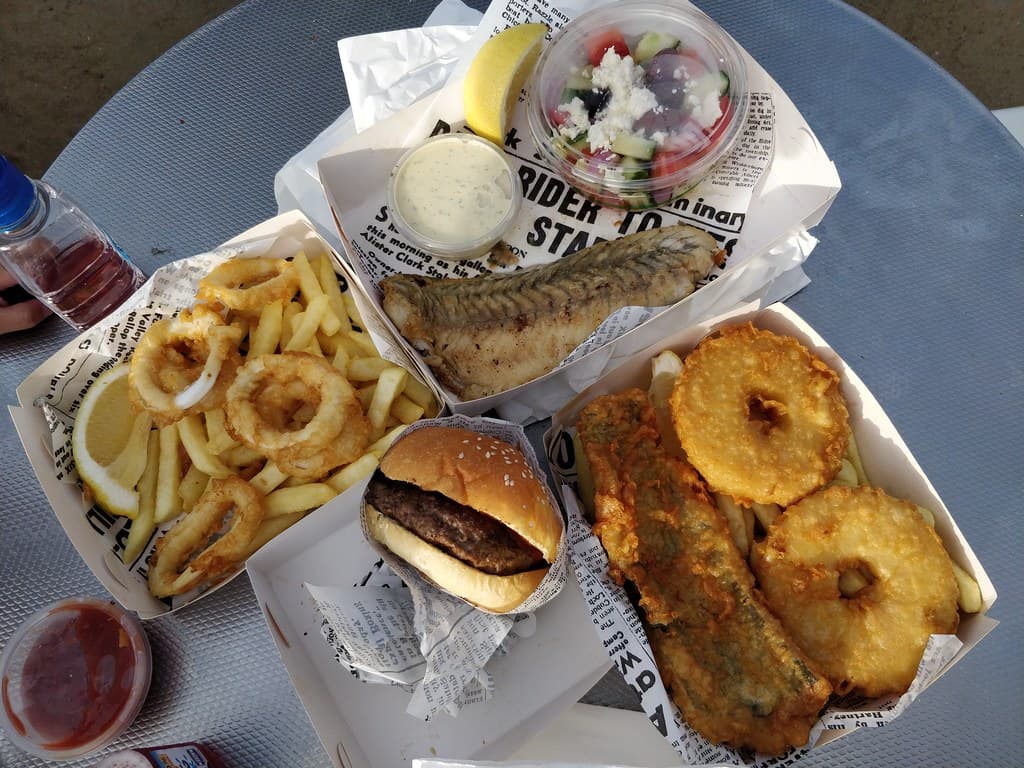 Fish and chips, and a burger from Cerberus Beach House