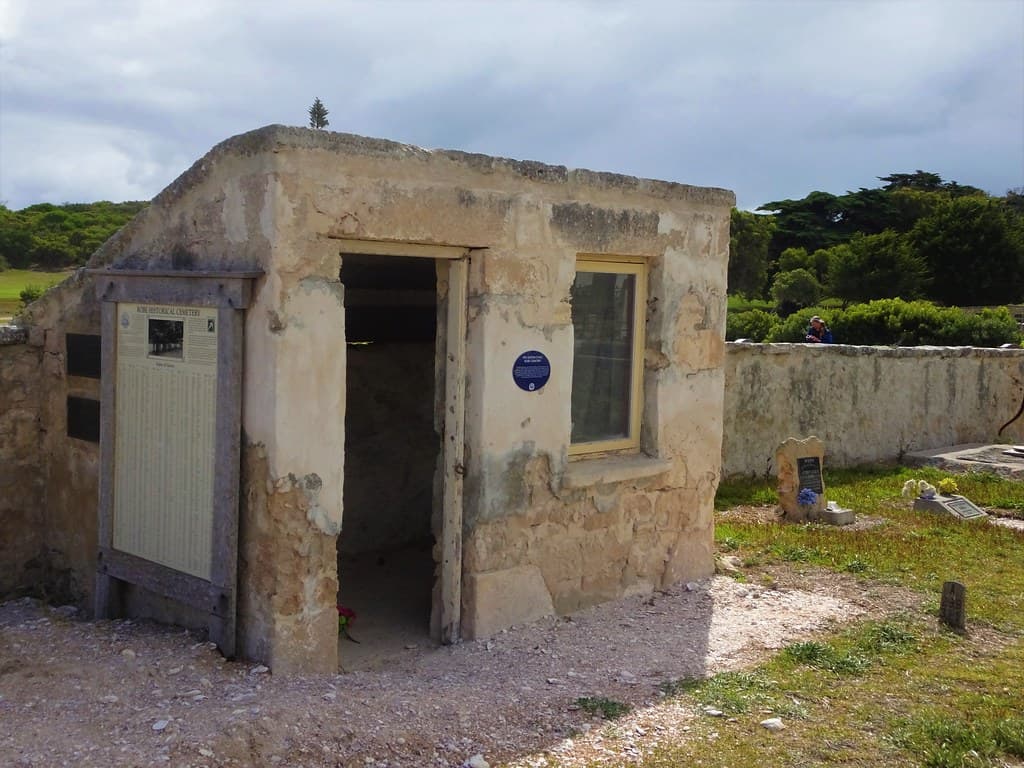 Robe on Guichen Bay. The old Sexton's hut in the Robe cemetery. Built in 1858 when the perimeter wall was also built.