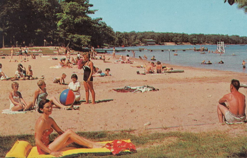 NW Traverse Interlochen MI 1960s DUCK LAKE Tourist Beach Babes & Family FUN on Beautiful at the State Park Beach near the Music Camp and Academy and Green Lake too1