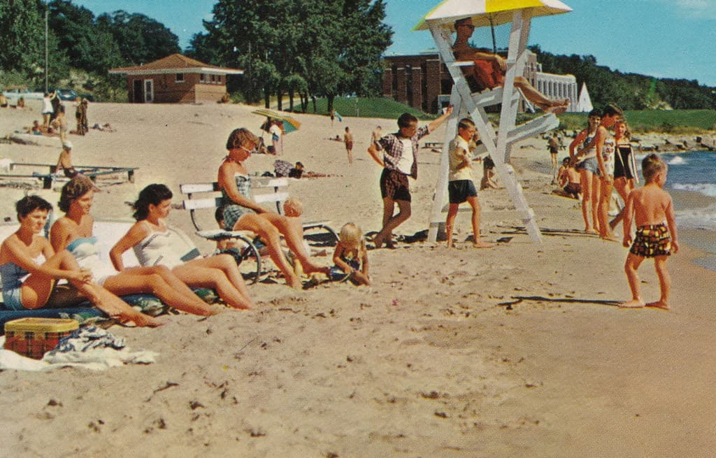 CEN Muskegon MI 1970s Lucky Lifeguards Checking Out the Chicks LOTS OF BEACH BABES and Family FUN to be had at the Pere Marquette Park Beach1
