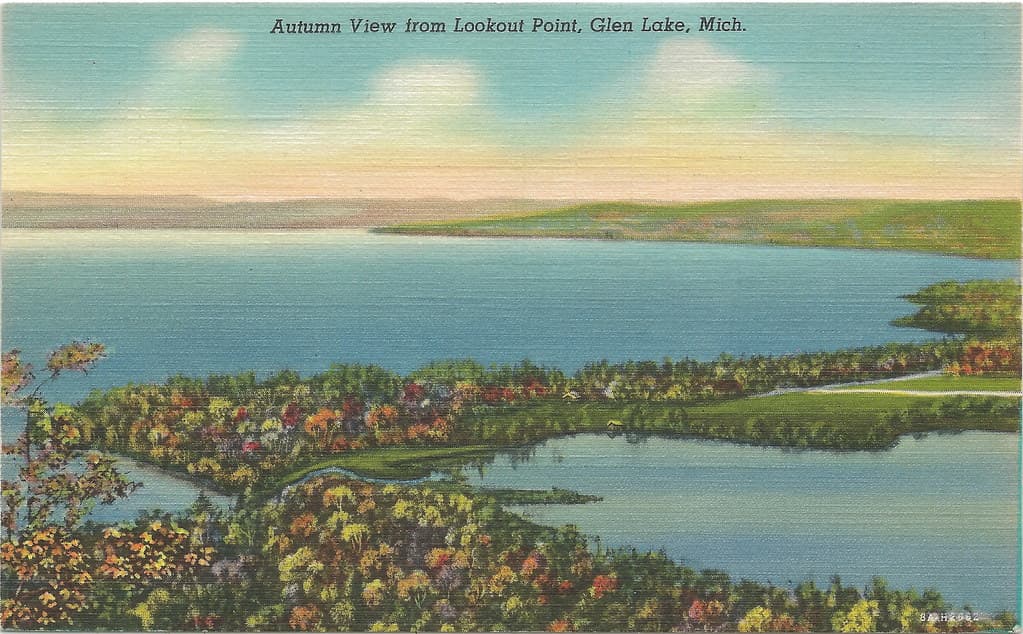 NW Glen Arbor Burdickville MI 1940s AUTUMN VIEW Miller Hill Big Glen & Fisher Lake looking SW to Dunes & Sleeping Bear Point Photographer Unknown