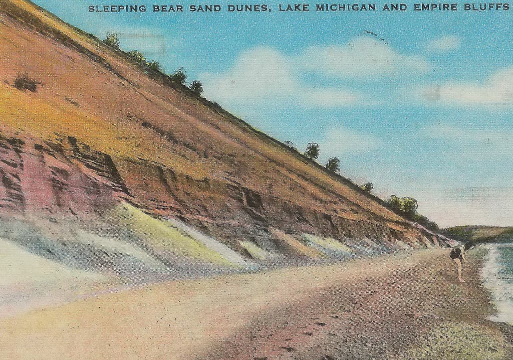 NW Leelanau Glen Haven MI Circa 1920s Young Girl on Beach at Sleeping Bear Dunes Empire Sailors Landmark Empire Bluffs in distance Photographer PECK5