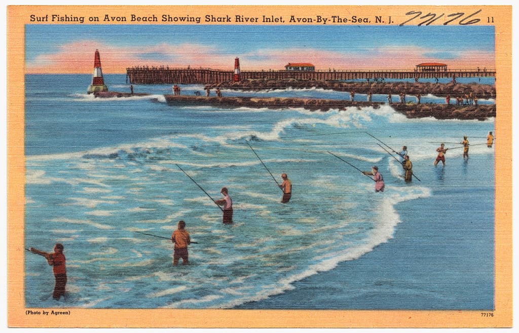 Surf fishing on Avon Beach showing Shark River inlet, Avon-by-the-Sea, N. J.