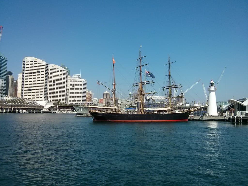 The James Craig moored at Darling Harbour.