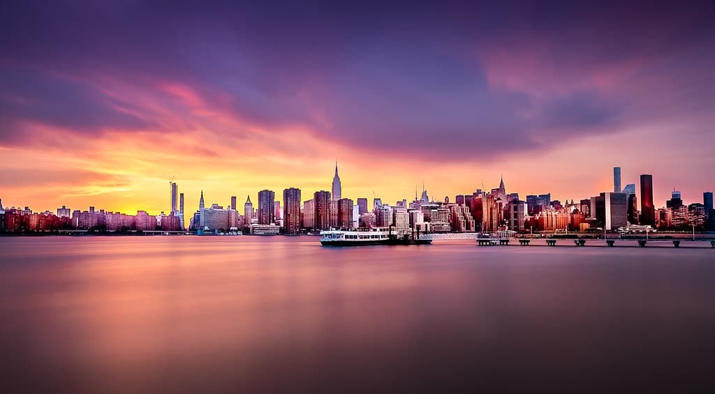 Manhattan skyline: sunset view from Brooklyn's Transmitter Park