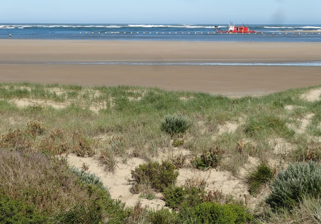 Hindmarsh Island.  View across the beach to the Murry River Mouth and the start of the Coorong. Charles Sturt and party were the first whites to see this in 1829.