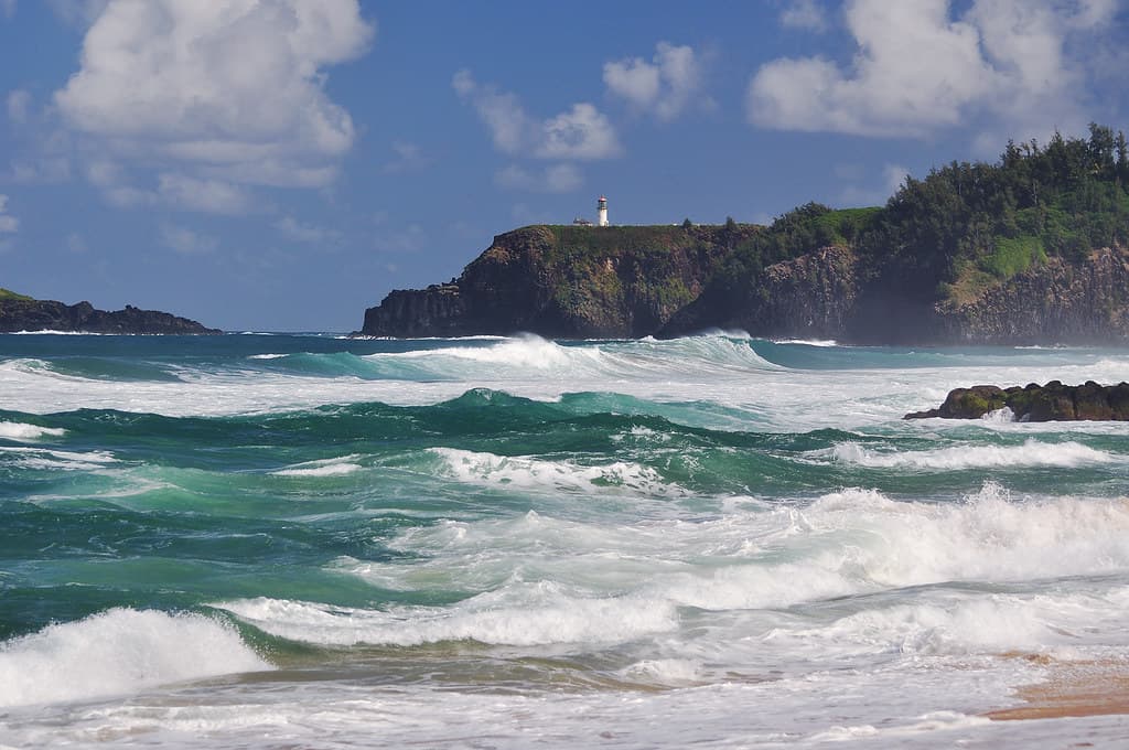 Secret Beach, Northern Kauai with winter waves from Japan. Kauapea Beach.