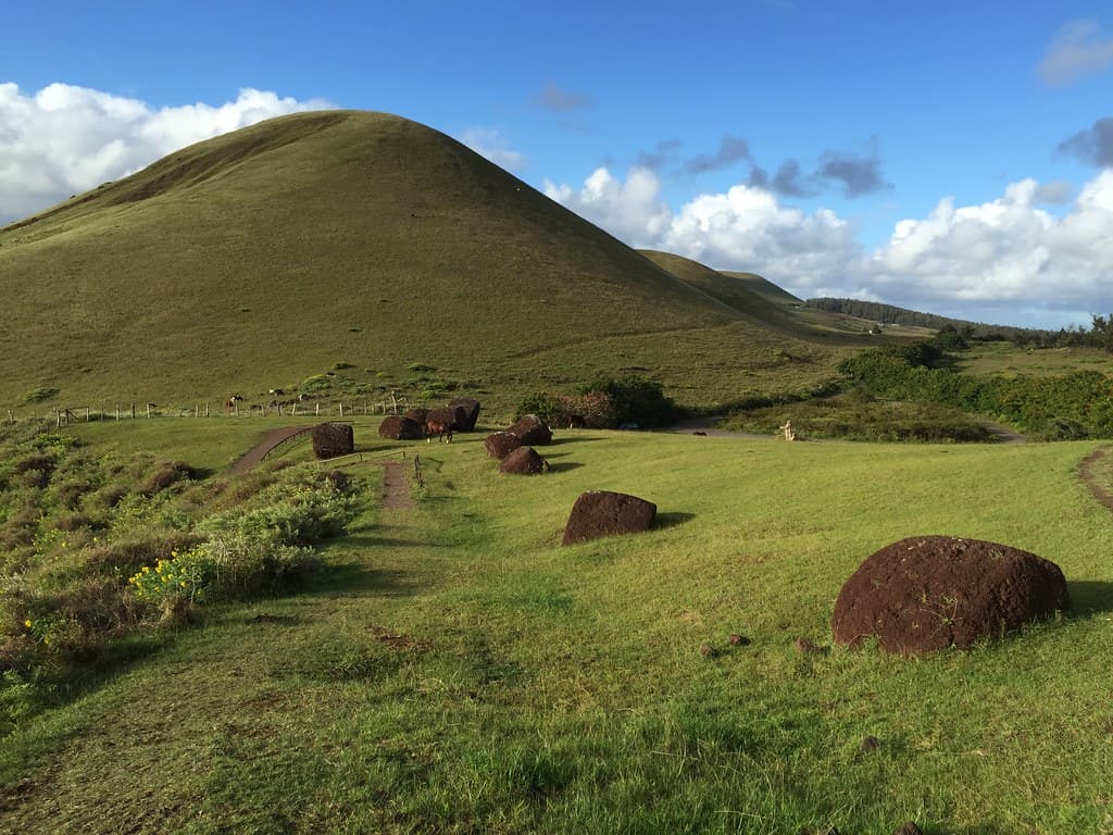 The Pukao(s), the Puna Pau Crater, the Extinct Volcano Maunga Vai-o-Hao, Rapa Nui (Easter Island), Chile, Polynesia, Oceania.